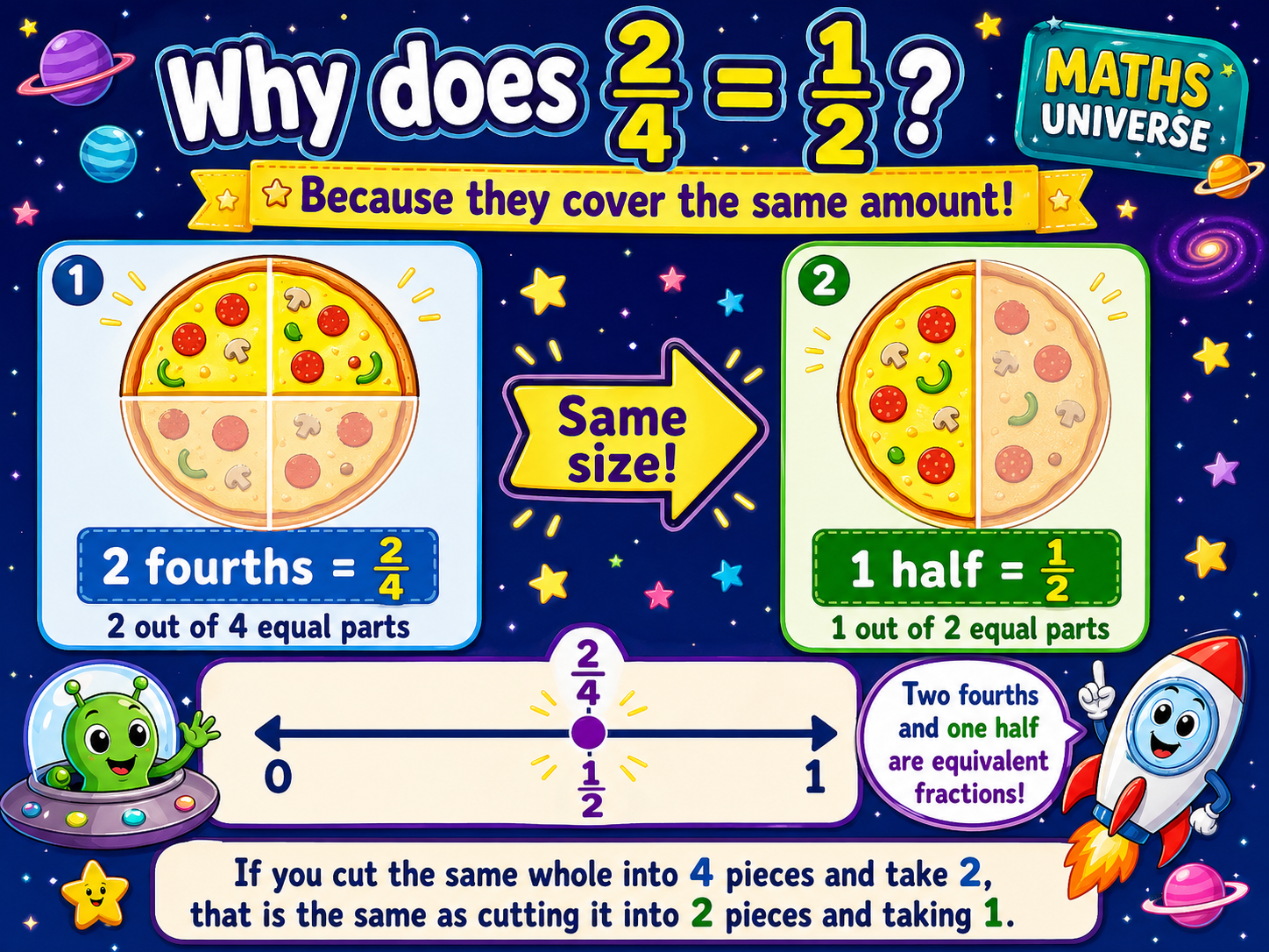 Fun diagram showing why two fourths is the same as one half.