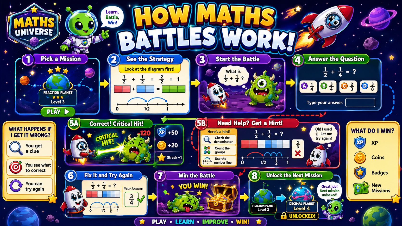 Diagram showing how Maths Universe battles work, including hints when answers are wrong.