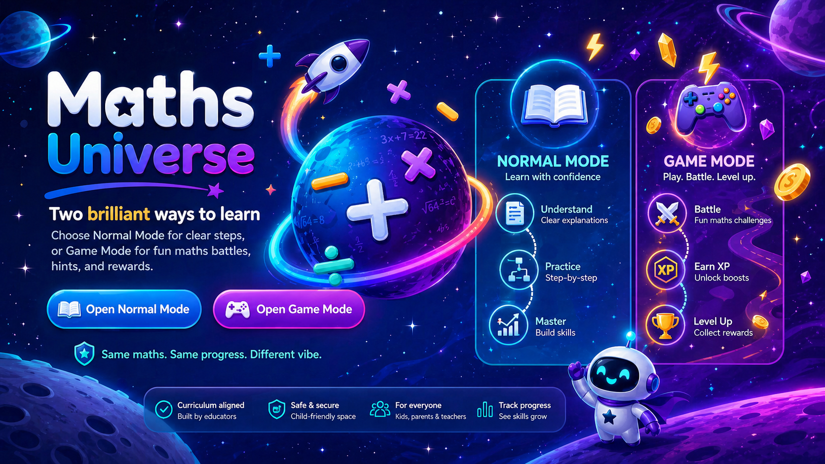 Maths Universe Normal Mode and Game Mode homepage banner